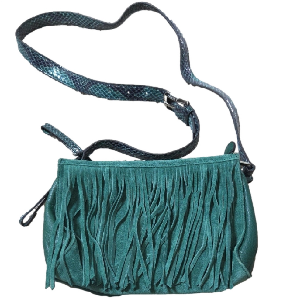 B. Makowsky Green Suede Leather Fringe Shoulder Bag